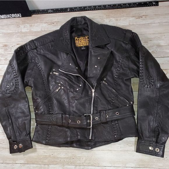 Vintage Leather Protech Cropped Laced Braided Woven Studded Biker Moto Jacket‎ 8 - Picture 1 of 16